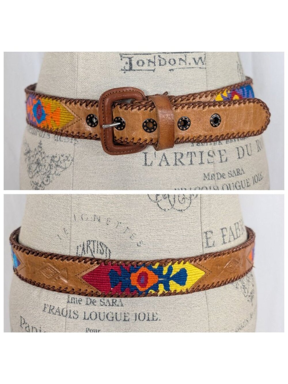 Vintage 90s Guatemalan Indigenous Belt 34 Medium Tan Leather
